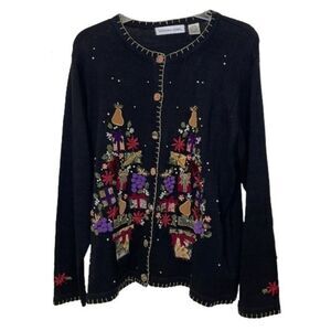 Victoria Jones Vintage Sweater Womens XL Black Holiday Christmas Knit Cardigan
